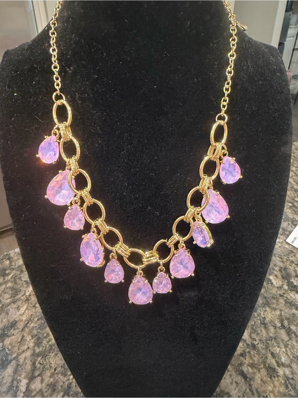 Gold Chain Necklace with Pink AB Teardrop Stones